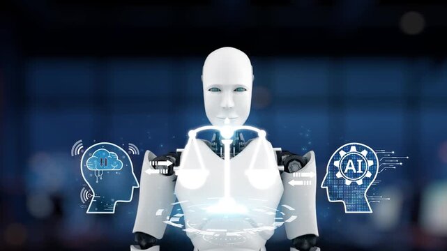 A futuristic robot with scales represents the ethical considerations in artificial intelligence, emphasizing the balance between human input and machine capabilities in technology. Synapse