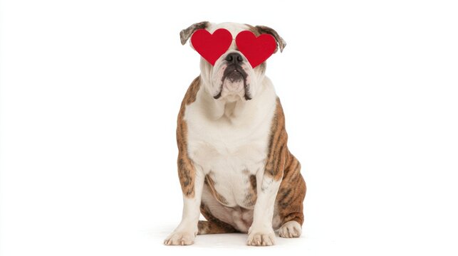 Bulldog sitting with two red heart-shaped glasses, expressing love or affection.