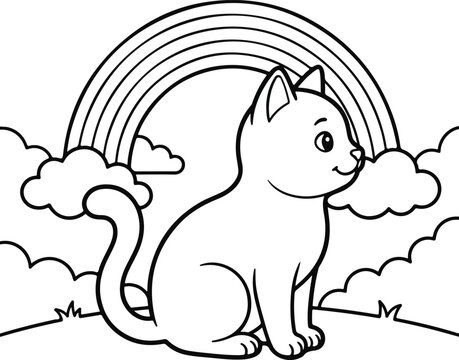 Cute cat sitting on a hill under a large rainbow and clouds