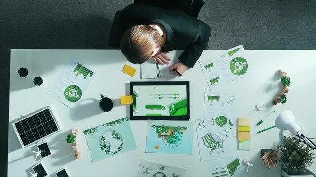 Time lapse of manager make decision about green business investment. Aerial view of professional business woman working at meeting table with document about green energy and zero waste. Alimentation.