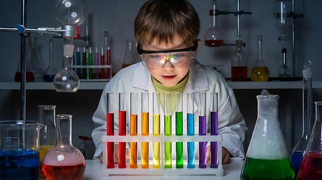 Child examining colorful liquid test tubes in dark laboratory.