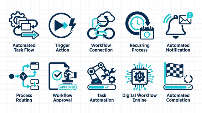 Business process automation icons set for digital workflow and task management systems with automated task workflow approval recurring process automated notif