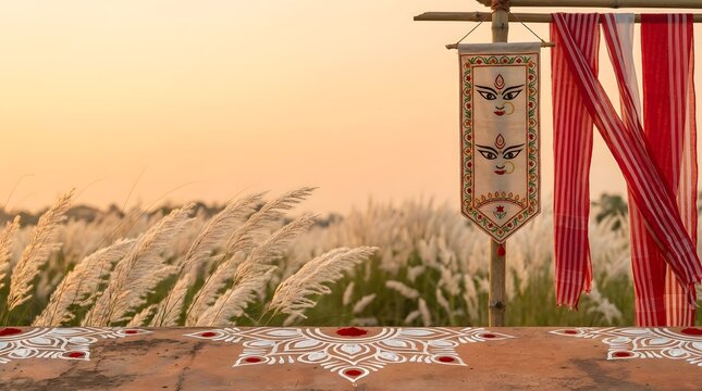 Durga puja banner with white kash flowers and red textile for festival.