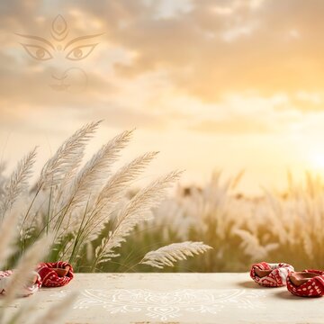 Kash phool grass field with durga face outline on sunset sky background.
