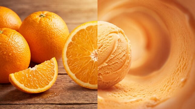 A vibrant split-screen showcases the refreshing essence of oranges, with whole fruits and slices on one side and a creamy scoop of orange ice cream on the other.