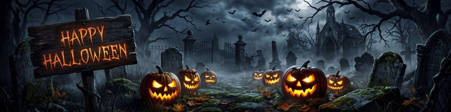A spooky Halloween graveyard scene with carved pumpkins, tombstones, and a Happy Halloween sign, shrouded in mist and moonlight, creating an eerie atmosphere.