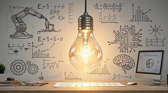 Lightbulb over workspace with engineering sketches symbolizing creative innovation and technical discovery