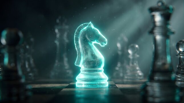 Glowing Neon Chess Knight on a Darkened Board with Dramatic Lighting.
