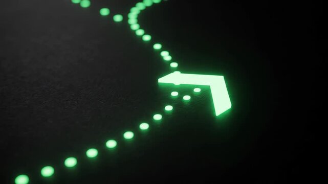 Glowing strategic navigation path with illuminated green arrow guidance through darkness, futuristic wayfinding direction and dotted movement trail