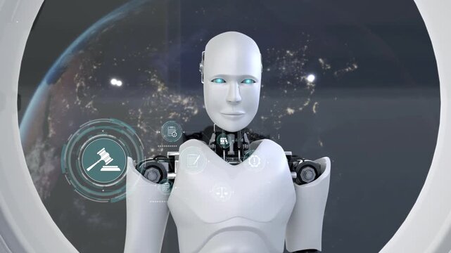 A sleek futuristic robot judge stands against a backdrop of a global cityscape at night, with holographic legal elements showcasing the intersection of technology and law. Synapse