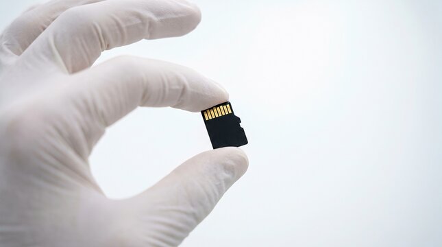 Micro SD card held by gloved hand against white background, data storage technology concept.