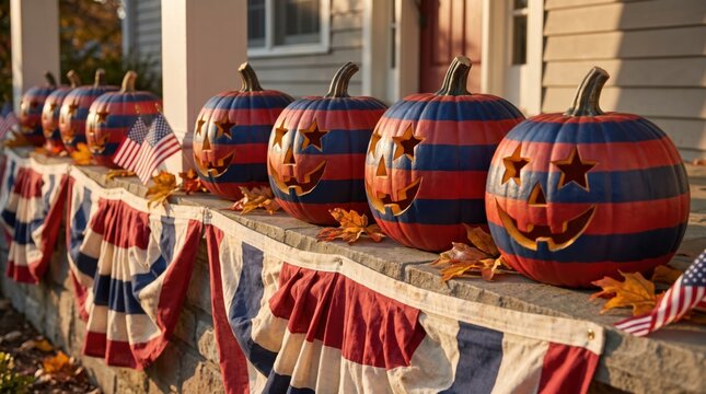 Row of pumpkins painted with American flag designs, featuring carved star and smiley faces, displayed on a porch decorated with patriotic bunting and small flags.