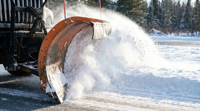 Snow plow clearing fresh snow with blade on paved road during winter for winter maintenance services.