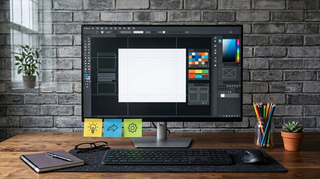 Creative workspace featuring a computer monitor displaying graphic design software with a blank white canvas and color palettes.