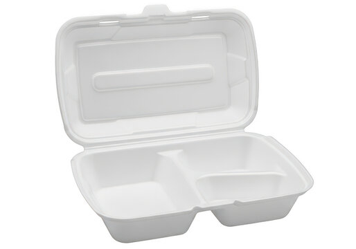 Open empty white foam food container with compartments isolated on transparent background