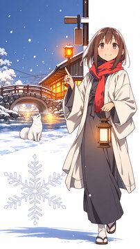 Anime girl in kimono with lantern and decorative snowflakes，ランタンを持つ着物姿の少女と雪の結晶を描いたアニメイラスト