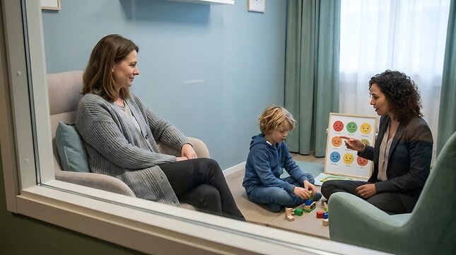 Child therapist using emotion chart during family counseling session.