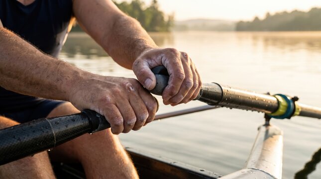 Close-up of a person gripping oars while rowing on a calm lake during sunset.
