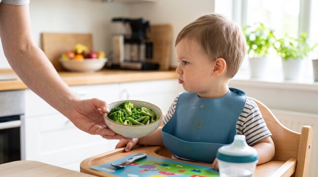 A toddler in a high chair looks skeptically at a bowl of green vegetables being offered by an adult in a bright kitchen.