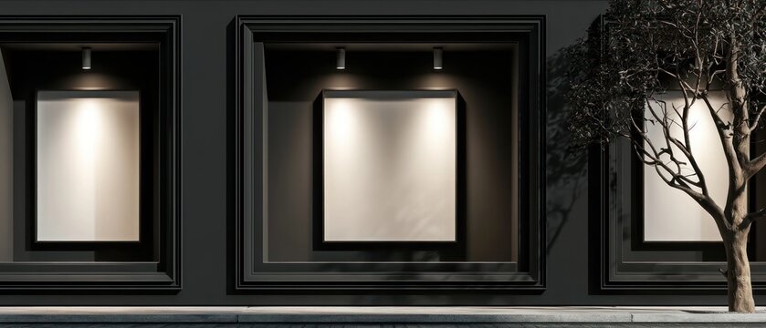 Minimalist gallery showcase with illuminated blank canvases and bare tree