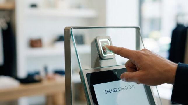 Finger touch fingerprint scanner secure checkout payment terminal retail store contactless payment point sale electronic transaction digital