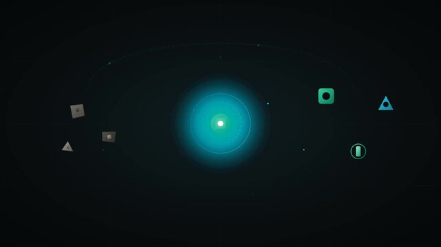 Central glowing circular light pulse with orbiting geometric shapes and digital icons digital system tech background data hub futuristic abstract