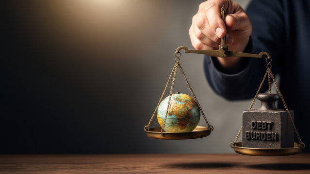 Global Debt Levels Concepts. Hand holding balance scale weighing small globe against heavy weight labeled debt burden symbolizing financial pressure and global economic struggle concept