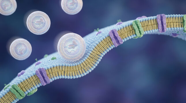 Lipid membrane gene editing therapies shown through vesicle transport and molecular biotechnology research visualization