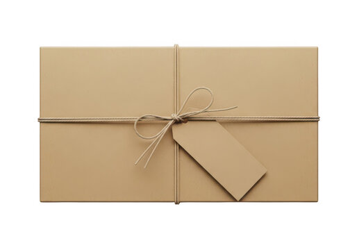 Brown paper parcel wrapped with string and gift tag isolated on transparent background