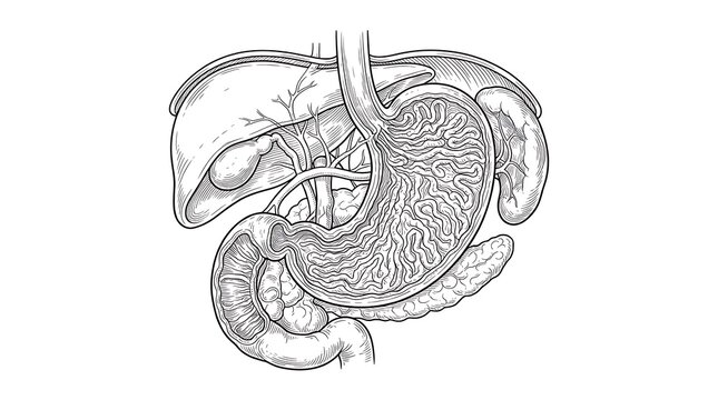 Detailed medical illustration of the human digestive system showing stomach, liver, and intestines
