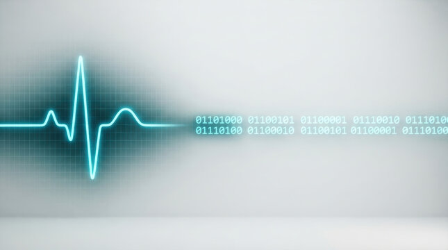 Digital heartbeat waveform with binary code representing personalized AI medicine and connected healthcare innovation