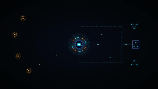Futuristic user interface display with glowing circular node and hexagonal icons on dark background digital hud data visualization tech background abstract