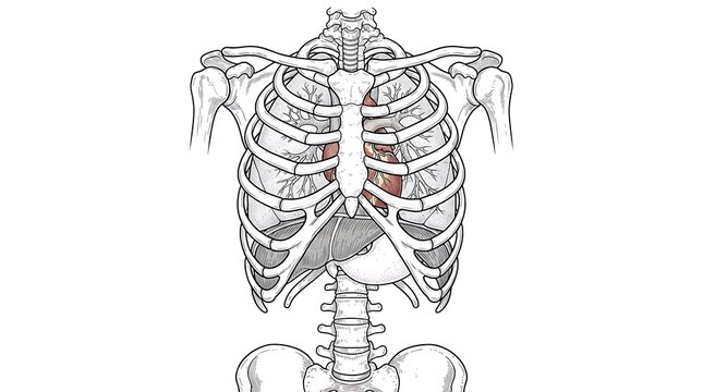 Detailed medical illustration of human rib cage skeleton showing internal organs like heart and lungs