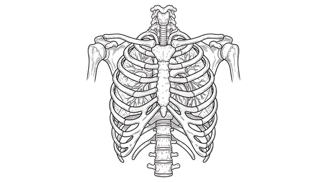 Detailed black and white medical illustration of the human rib cage and skeletal structure for educational purposes