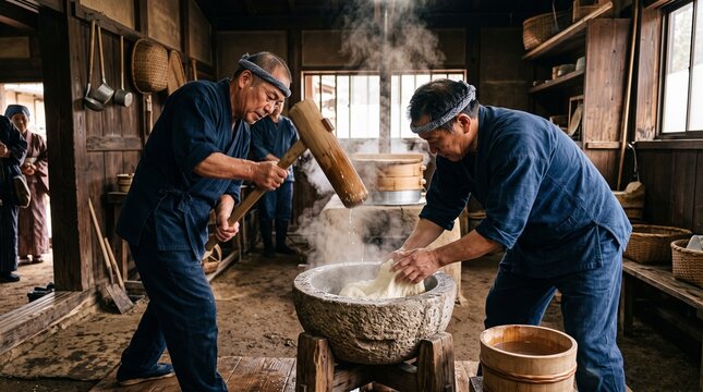 Japanese men in traditional attire pounding sticky rice dough with a wooden mallet in a stone mortar during Mochitsuki rice cake making