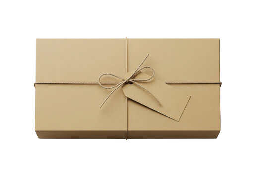 Small brown paper gift box tied with rustic twine string isolated on transparent background