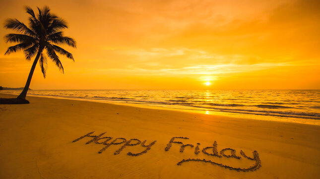 A golden sunset over a tranquil beach with palm tree silhouettes, a tropical weekend concept featuring the text "Happy Friday".