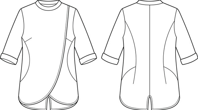 Technical flat sketch of asymmetrical long sleeve top with overlapping front design, curved seam lines, and structured silhouette