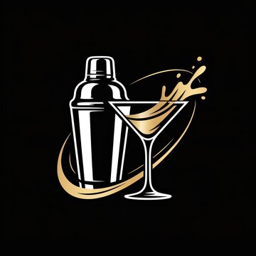 Cocktail shaker and martini glass vector logo design with liquid splash on black background