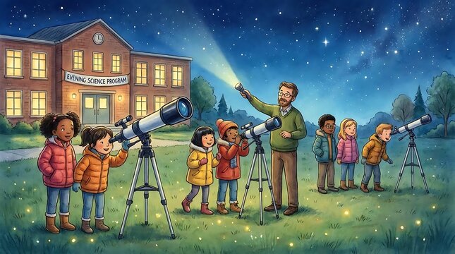 Children observing stars with telescopes outside school building.