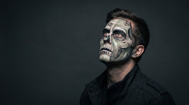 Dramatic portrait of a man with realistic skull face paint looking upward against a dark background embodying a haunting character for Halloween