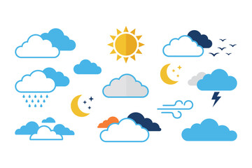 Obraz premium Colorful flat weather icons collection showing various atmospheric conditions and daily forecasts