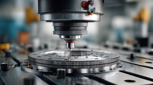 Precision milling process with CNC machine on metal workpiece in modern factory setting showcasing detail and technology