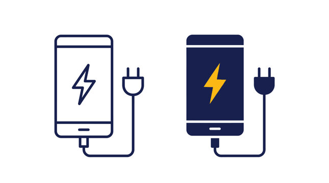Smartphone battery charging icons set featuring simple outline and solid vector graphic design elements isolated style