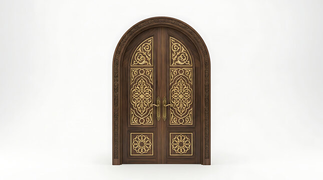 Ornate wooden arched double door with golden islamic patterns