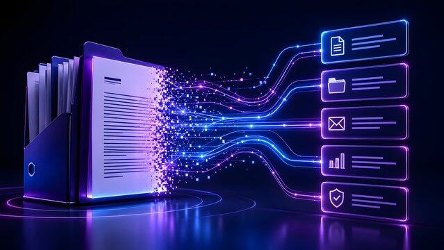 Digital document transformation with data flow from a file organizer to abstract icons representing communication, analytics, and security on a dark background.