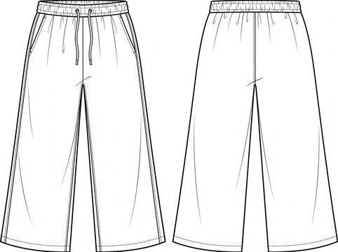 Technical flat sketch of wide leg linen trousers with elastic waistband and drawstring