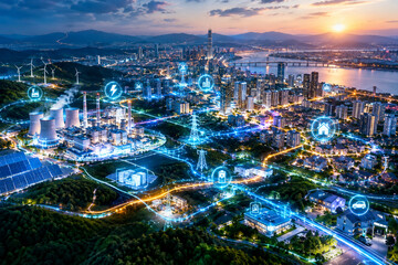 Fototapeta premium Smart City Energy Grid with Renewable Power, Solar Panels, Wind Turbines and Intelligent Electricity Network