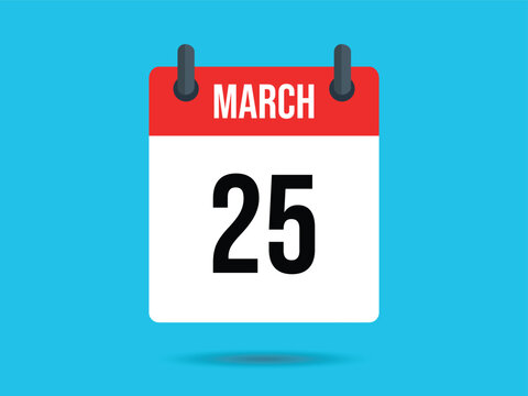 March 25 Date on Red and White Calendar on Cyan Background
