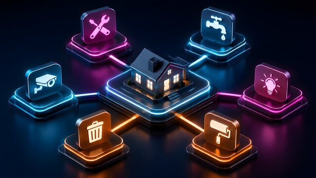 Digital smart home system with a modern house connected to glowing service icons representing automation and property management